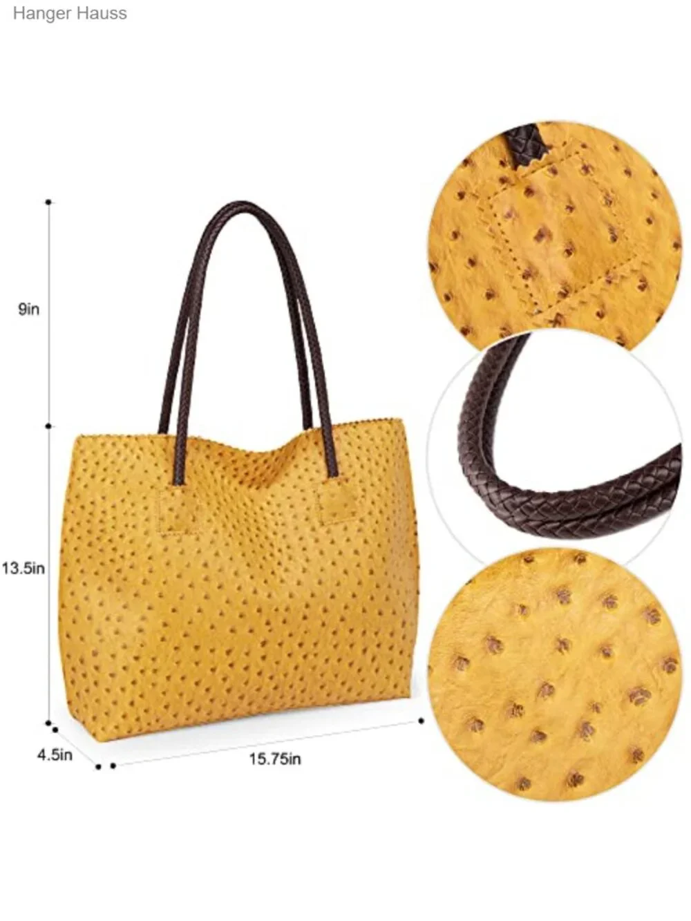 Large Ostrich Vegan Leather Tote Bag with Zipper Top Shoulder Purse for Women